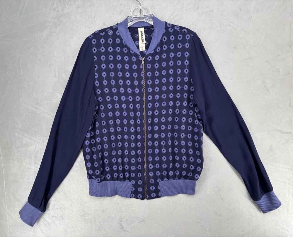 AMADI Jacket Womens M Blue Bomber Embroidered Floral Short Full Zip Y2K Momcore